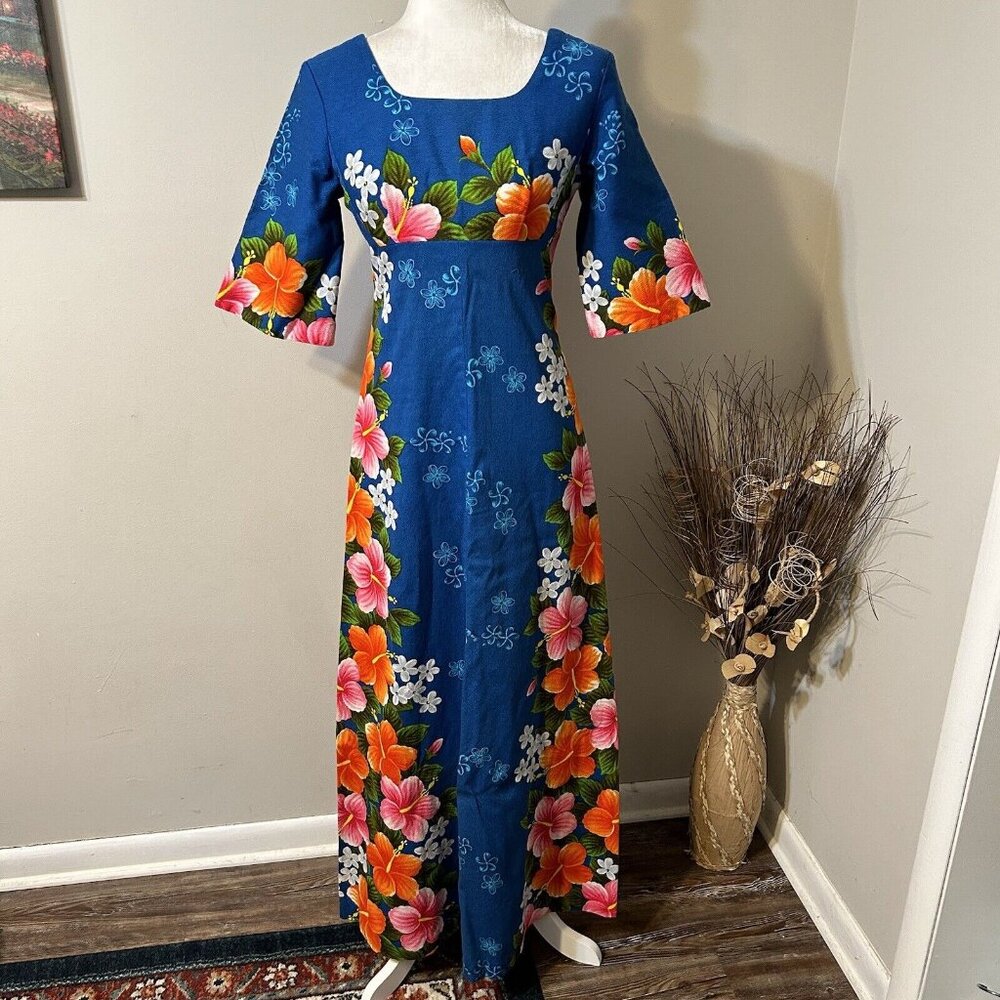 Vintage Ui-Maikai 50/60s Hawaiian A-line Barkcloth Maxi Dress Blue Floral Sz M ?